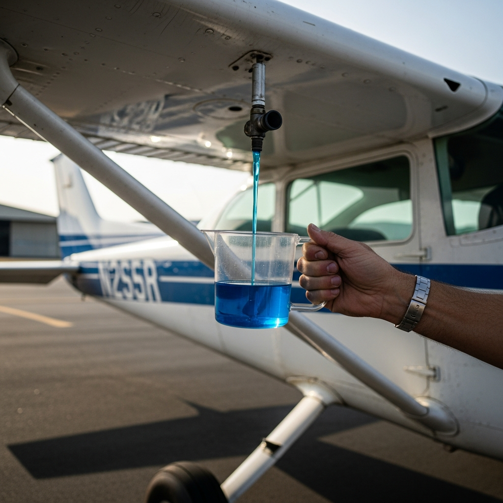 A clear aviation fuel tester cup filled with blue avgas held under the wing of a Cessna du