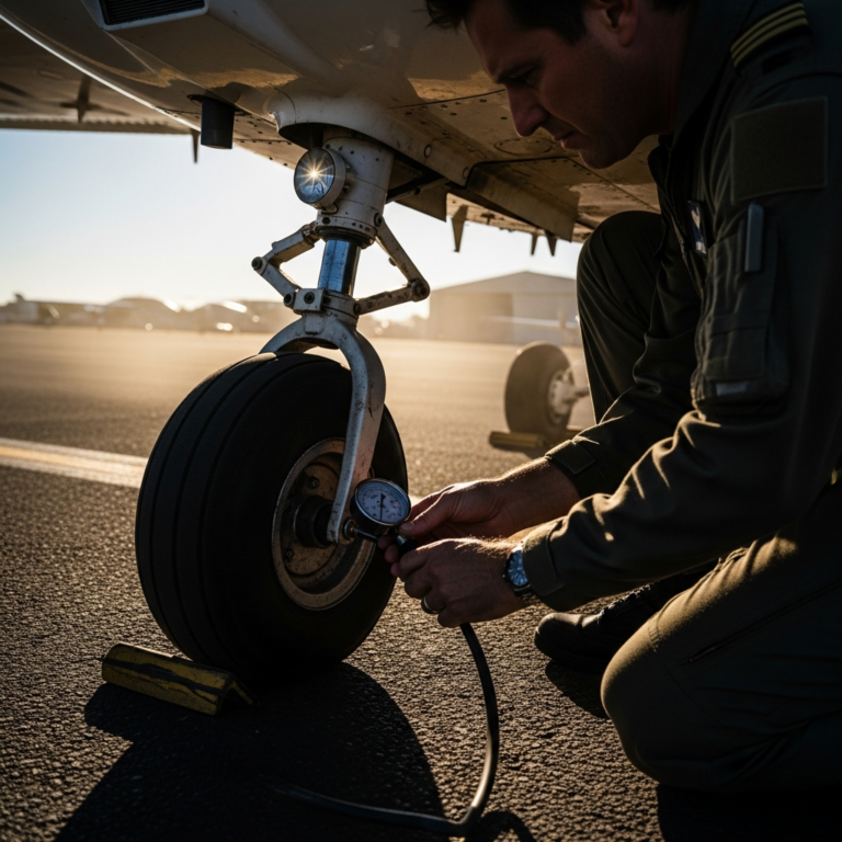 A close up of a pilot checking a small aircraft tire with a pressure gauge at the landing