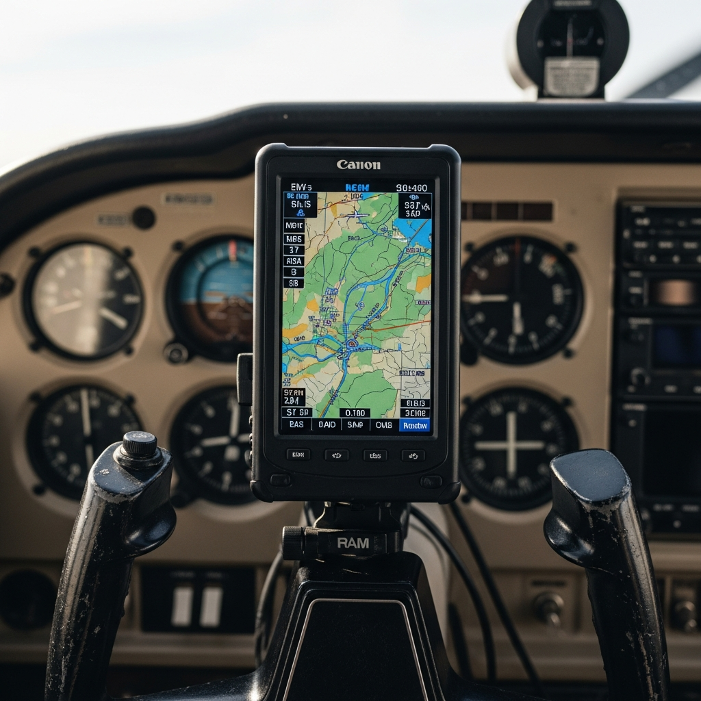 A handheld aviation GPS unit displaying a colorful moving map, mounted on the yoke of a Ce