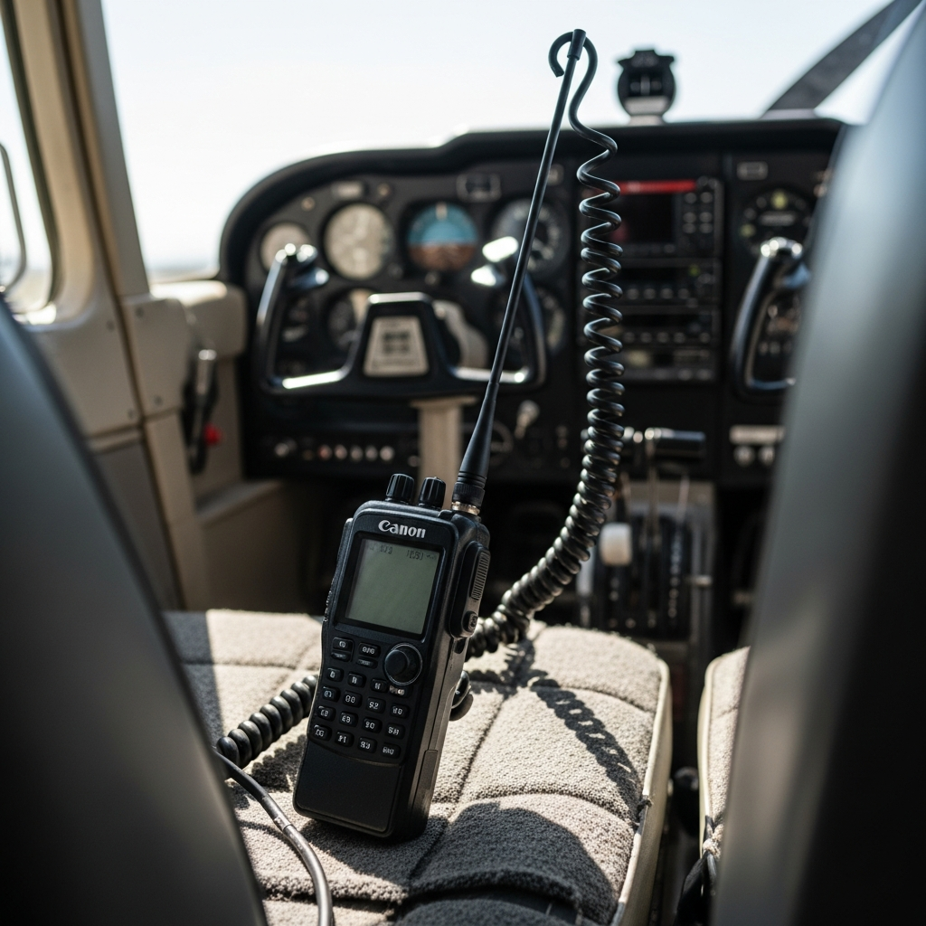 A handheld aviation VHF radio transceiver with antenna up resting on the seat of a small g