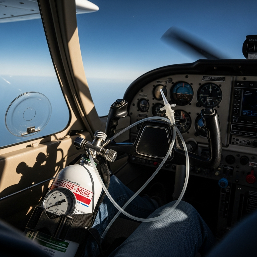 A portable aviation oxygen bottle with a nasal cannula in a high altitude general aviation
