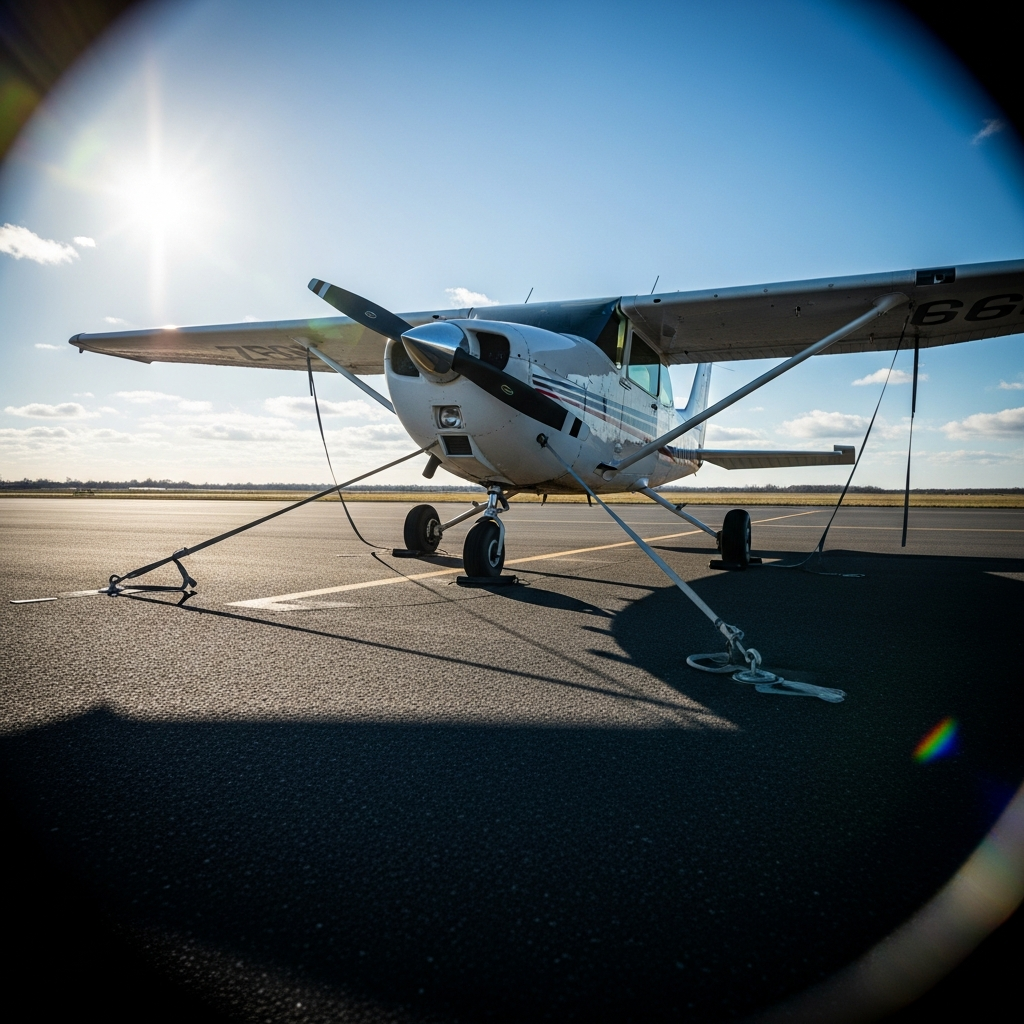 A small single engine airplane tied down on a sunny airport ramp with tie-down ropes and g